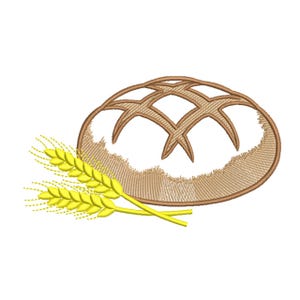 Puede incluir: Diseño bordado de una hogaza de pan con un patrón entrecruzado y dos espigas de trigo. El pan es de color marrón claro con un interior blanco, y el trigo es amarillo. El diseño está sobre un fondo blanco.