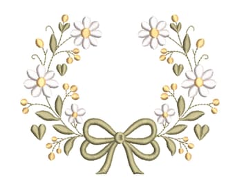 Daisy Floral Wreath with Bow Machine Embroidery Design-Machine Embroidery Design File