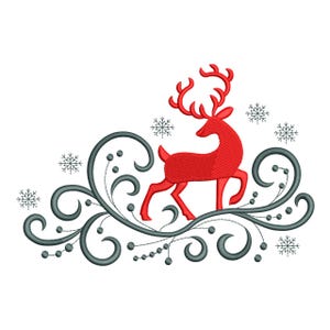 May include: A red reindeer with large antlers is the focal point of this design. The reindeer is surrounded by gray swirling vines and snowflakes. This festive design is perfect for holiday-themed crafts and decorations.
