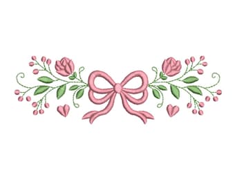 Pink Rose Bow Floral Border Embroidery Design- Machine Embroidery Design File