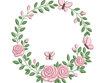 Pink Rose Butterfly Floral Wreath Machine Embroidery Design- Machine Embroidery Design File