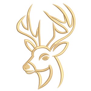 Puede incluir: Un diseño de cabeza de ciervo dorado con intrincado arte lineal. Las astas del ciervo son estilizadas y curvas, y los ojos están cerrados. El diseño es probablemente para bordado o un proyecto de artesanía similar.