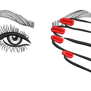 May include: An embroidered design featuring a stylized eye with long lashes and a thick eyebrow, paired with a hand with long, black nails painted with red polish. The design is on a white background.