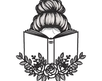 Buchliebhaber Mädchen Stickdatei - Florale Lesezeichen Stickdatei