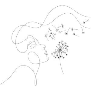 Può includere: Un disegno a tratto minimalista di una persona che soffia semi di dente di leone. L'arte lineare nera raffigura un profilo con capelli fluenti e un dente di leone. I semi sono sparsi, creando un senso di movimento su sfondo bianco.