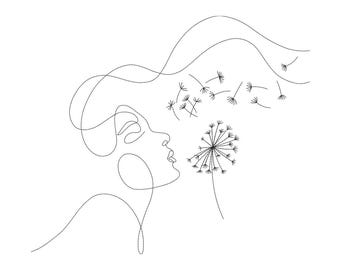 Disegno da ricamo con donna e dente di leone su una linea