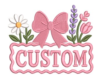 Individuelles Namensrahmen-Stickmuster mit floraler Schleife – Stickdatei für Stickmaschinen