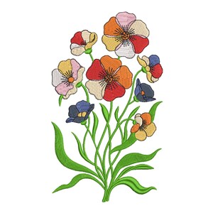 Può includere: Un ricamo floreale raffigurante un bouquet di fiori colorati. I fiori presentano un mix di petali rossi, arancioni, gialli, rosa e blu con cuciture dettagliate. Steli e foglie verdi completano il design.