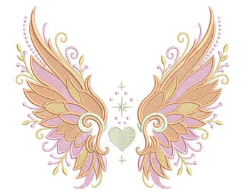 Pastel Fairy Wings with Heart and Swirls  Embroidery Design-Machine Embroidery Design File