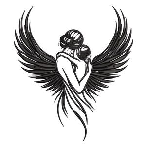 May include: A black and white illustration depicting a mother and child in an embrace, framed by large, stylized wings. The design uses detailed outlines to create depth and emotion. The wings are spread wide, adding a dramatic effect.