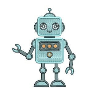 May include: An embroidered light blue robot design with dark gray outlines. The robot features a square head with two circular eyes, a smiling mouth, and an antenna. The torso includes three orange circular buttons and one orange circular dial.