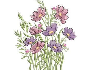 Pink & Purple Wildflower Meadow Machine Embroidery Design- Machine Embroidery Design File