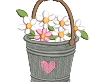 Flower Basket with Daisies and Heart Machine Embroidery Design- Machine Embroidery Design File