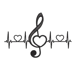 Puede incluir: Diseño bordado en negro con una clave de sol con un corazón en el centro, flanqueada por una línea de latidos con dos corazones. El diseño está sobre un fondo blanco, adecuado para los amantes de la música.