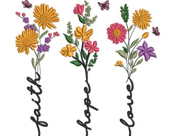 Diseño de bordado floral Fe Esperanza Amor - Archivo para máquina de bordar