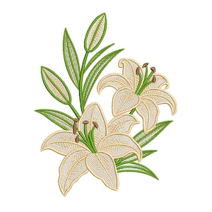 May include: Embroidered design of two cream-colored lily flowers with detailed petal patterns. The flowers are surrounded by green leaves and stems, with a few unopened buds. The design is on a white background, suitable for embroidery projects.
