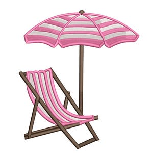 May include: An embroidered design of a beach scene featuring a pink and white striped umbrella and a matching pink and white striped beach chair. The umbrella is supported by a brown pole, and the chair has a brown wooden frame.
