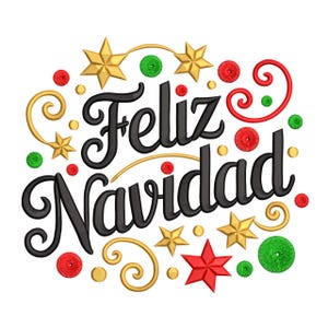 Peut inclure: Une composition festive avec l'inscription "Feliz Navidad" en noir, ornée d'étoiles dorées, d'ornements circulaires rouges et verts, et de volutes dorées. Une étoile rouge est également incluse. Le fond est blanc.