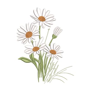 Può includere: Immagine ricamata di un bouquet di margherite. Le margherite hanno petali bianchi e centri marroni. Steli e foglie verdi sostengono i fiori. L'immagine è su sfondo bianco.