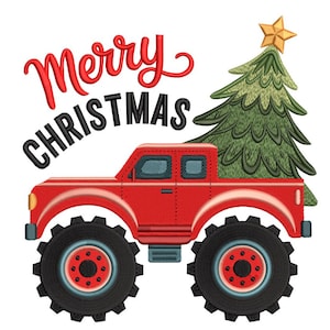 以下が含まれることがあります： 赤いモンスターカー。大きな黒いタイヤと「Merry Christmas」の文字が赤と黒で書かれています。金色の星が付いた緑のクリスマスツリーがトラックの荷台にあります。