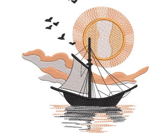 Sunset Sailboat Ocean Reflection Machine Embroidery Design-Machine Embroidery Design File