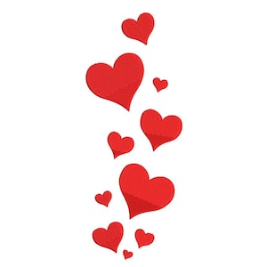 May include: A vertical arrangement of red hearts of varying sizes against a white background. The hearts appear to be embroidered, with a textured surface. The design is simple and romantic, suitable for Valentine's Day or other love-themed projects.