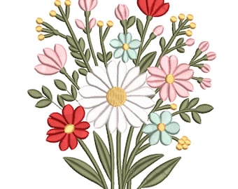 Stickmuster für einen farbenfrohen Frühlingsblumenstrauß – Stickdatei