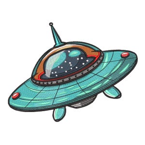 May include: An embroidered patch of a teal flying saucer with a dark blue dome, a central antenna, and small red circular lights. The saucer features a grid-like texture on its surface, a metallic silver rim, and three rounded landing legs underneath.
