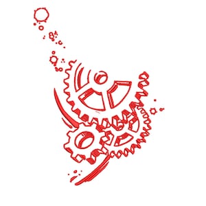 Peut inclure: Illustration rouge de rouages de machine sur fond blanc. Le design présente trois engrenages de tailles différentes, avec de petits éléments circulaires et des lignes courbes suggérant le mouvement. Les engrenages sont rendus dans un style mécanique détaillé.