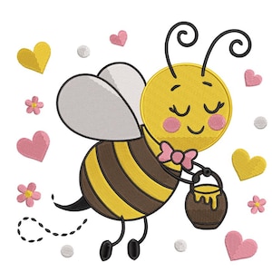 Op de afbeelding: Een cartoonbij met gele en bruine strepen, met een honingpot. De bij heeft gesloten ogen en een roze strikje. Rondom de bij zijn gele harten, roze harten, kleine roze bloemen en witte cirkels.