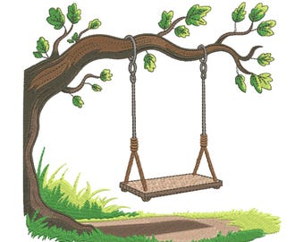 File di ricamo con scena rustica di altalena su un albero