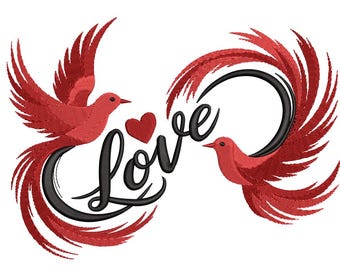 Diseño de bordado con texto de amor y tortolitos rojos