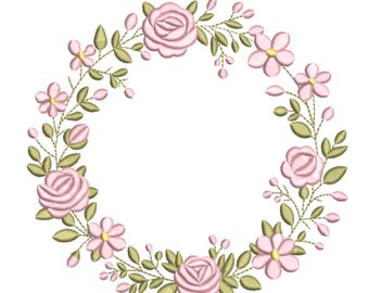 Pink Rose Floral Wreath Machine Embroidery Design-Machine Embroidery Design File