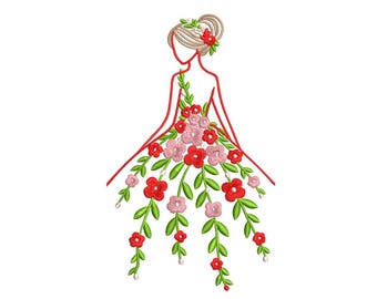 Floral Dress Girl – Modern Line Embroidery Design
