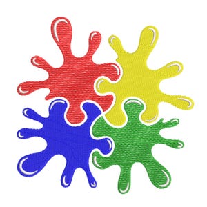 Könnte beinhalten: Ein farbenfrohes Design mit vier ineinandergreifenden Puzzleteilen in Rot, Gelb, Blau und Grün. Jedes Teil hat eine einzigartige, unregelmäßige Form mit weißem Umriss, vor weißem Hintergrund. Das Design ähnelt Farbspritzern.