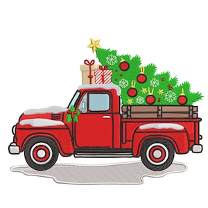 Könnte beinhalten: Ein roter Oldtimer-Truck, der einen Weihnachtsbaum mit Kugeln und einem goldenen Stern transportiert. Die Ladefläche des Trucks enthält verpackte Geschenke. Schnee akzentuiert das Dach und die Front. Ein festliches Weihnachtsdesign.