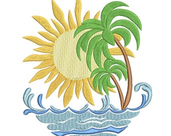Tropical Sun Palm Island Embroidery design– Summer Embroidery File