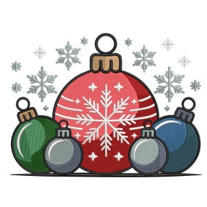 May include: A festive illustration of Christmas baubles in red, green, blue, and grey. The largest bauble is red with a white snowflake design. Silver snowflakes are scattered around the baubles, creating a holiday theme.