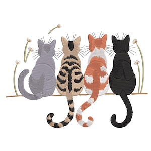 May include: An embroidered design featuring four cats sitting side-by-side, viewed from the back. The cats are gray, brown tabby, orange and white, and black. Delicate floral accents are included in the design.