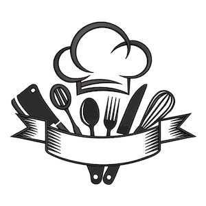 Puede incluir: Diseño bordado en blanco y negro con un gorro de chef, una pancarta y varios utensilios de cocina. Los utensilios incluyen una cuchilla, una cuchara ranurada, una cuchara, un tenedor, un cuchillo y un batidor. La pancarta está en blanco.