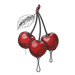Może przedstawiać: Ilustracja trzech dojrzałych, czerwonych wiśni o szczegółowej fakturze. Wiśnie są połączone z łodygą i liściem. Z każdej wiśni kapie kropla soku, co dodaje wrażenia świeżości.