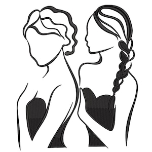 Op de afbeelding: Zwart lijnkunst borduurontwerp met twee gestileerde figuren. Eén figuur heeft golvend haar, de ander een lange vlecht. Beide figuren dragen een zwarte top. Het ontwerp is geschikt voor borduurprojecten.
