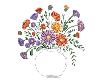 Jarrón con ramo de flores silvestres – Diseño de bordado floral