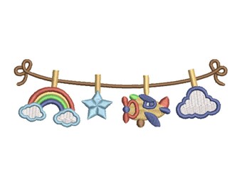 Hanging Rainbow Airplane Nursery Garland Machine Embroidery Design- Machine Embroidery Design File