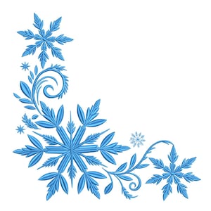 May include: A corner design featuring blue snowflakes and stylized leaves. The design includes a large snowflake, smaller snowflakes, and a flowing vine-like element with leaves and a spiral.