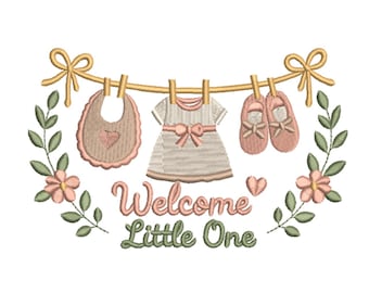 Welcome Little One Baby Clothesline Floral Embroidery Design- Machine Embroidery Design File