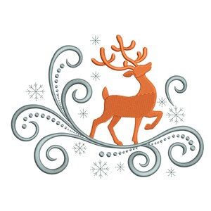 May include: An embroidered design featuring an orange reindeer with large antlers, set against a backdrop of swirling gray embellishments and delicate snowflakes. The design is suitable for holiday-themed crafts and decorations.