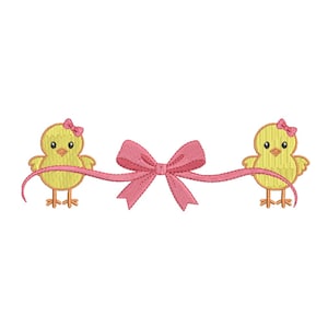 May include: Embroidered design featuring two yellow chicks with pink bows, flanking a pink bow. The chicks have black eyes and orange feet. The design is on a white background, suitable for Easter or baby-themed projects.