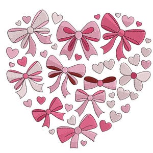 Puede incluir: Diseño bordado en forma de corazón lleno de varios lazos y corazones rosas. Los lazos varían en estilo y tono, desde rosa claro a oscuro, y están rodeados de corazones rosas más pequeños sobre un fondo blanco.
