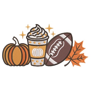May include: An embroidered design featuring a pumpkin, a coffee cup with whipped cream, a football, and a fall leaf. The pumpkin is orange with brown accents. The coffee cup has a pumpkin graphic. The football is brown and white.